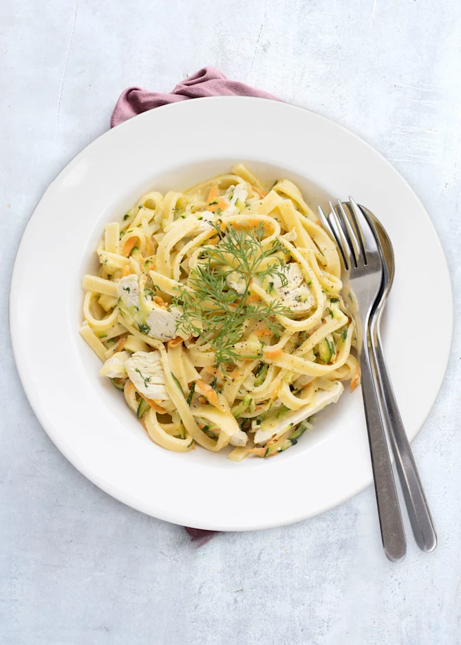 Frisk forårspasta med kylling, citron og dild