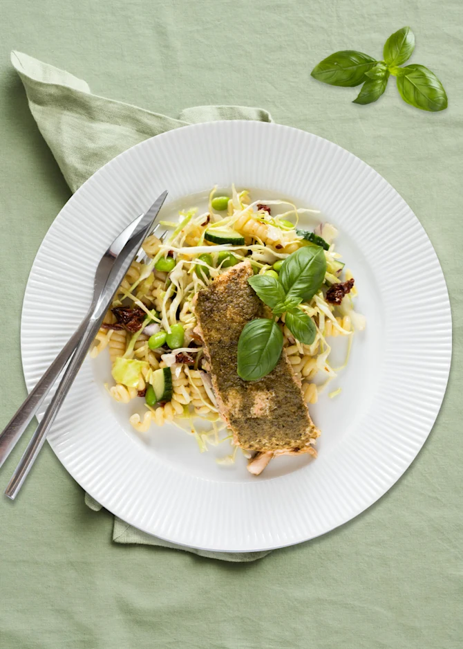 Pestomarineret laks med pastasalat