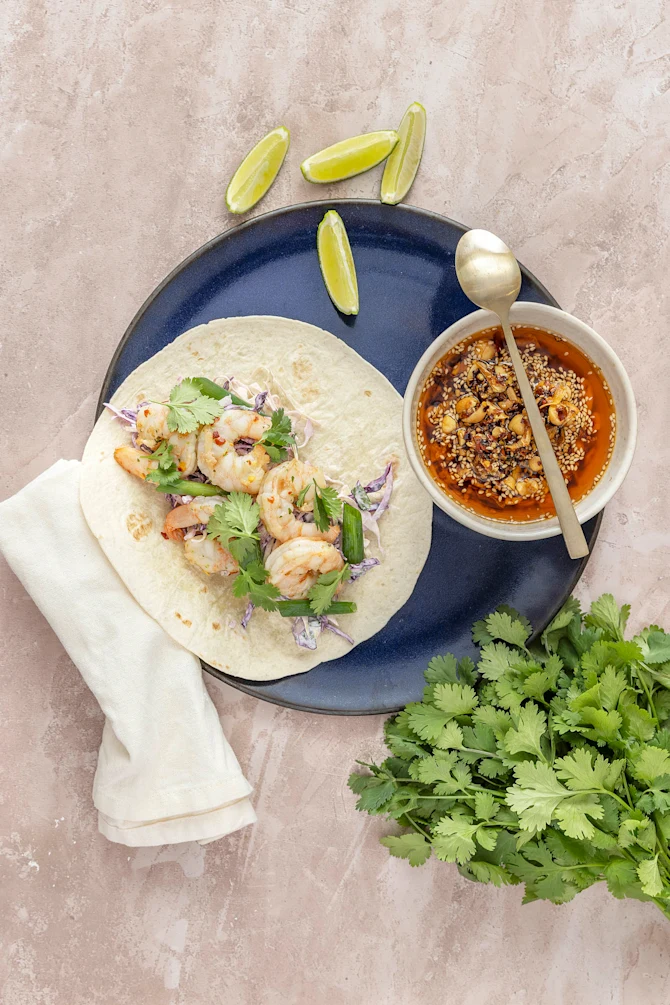 Tortilla, salsa macha og rejer