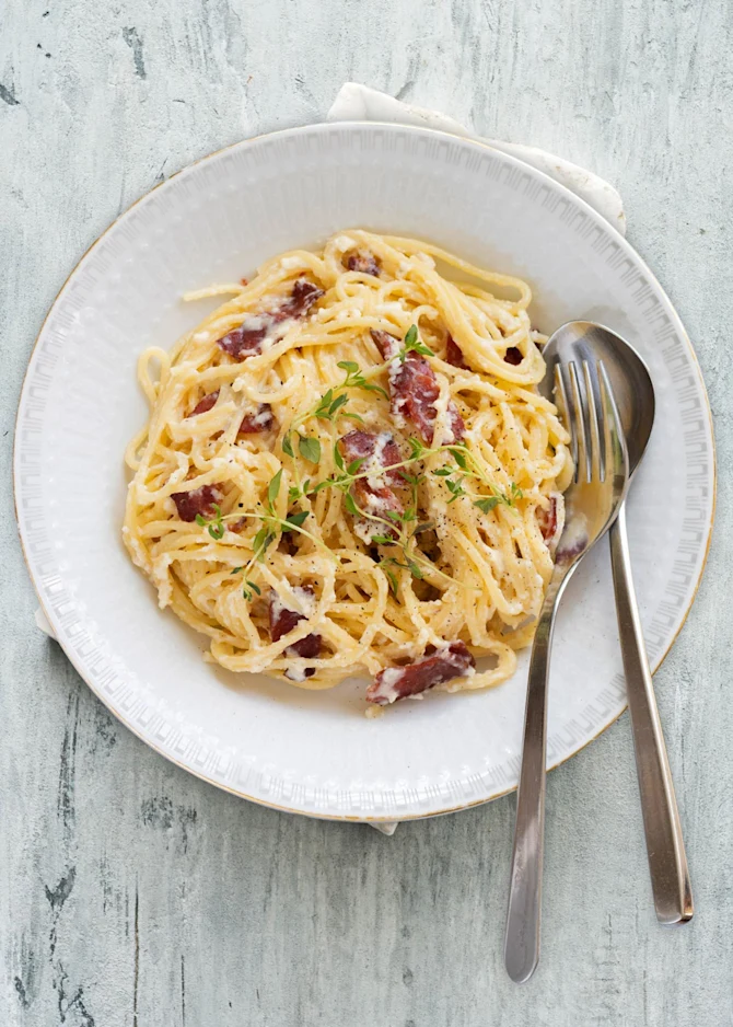 Spaghetti carbonara med kalkunbacon