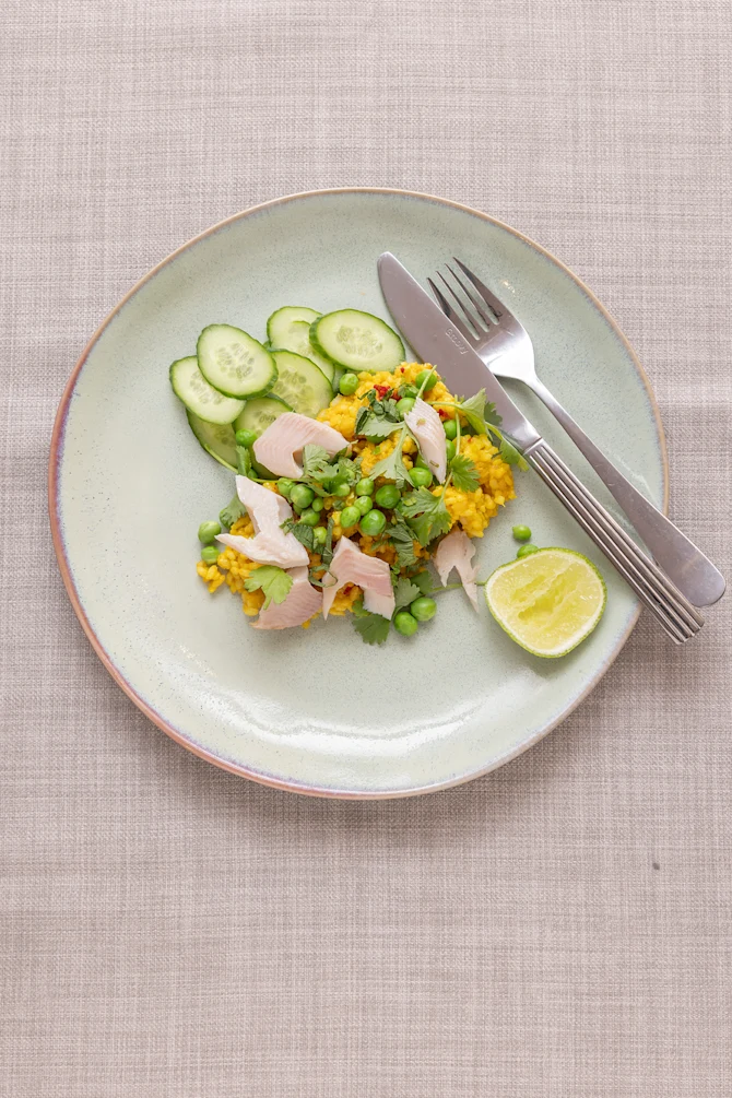 Karrystegte ris med ørred