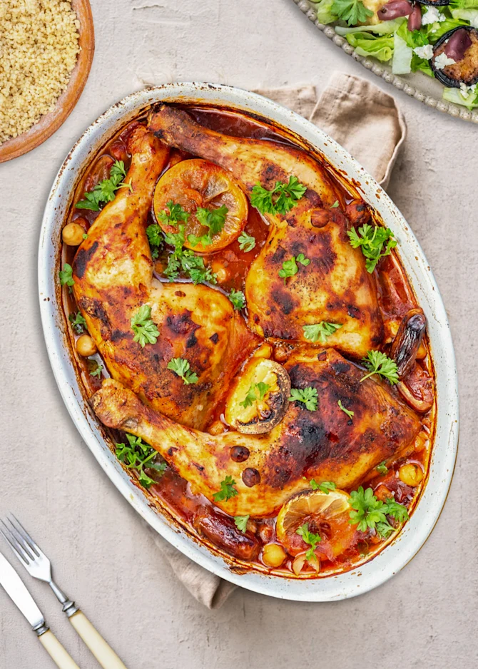 Marrokansk fad med kyllingelår, abrikoser og auberginesalat - til to dage