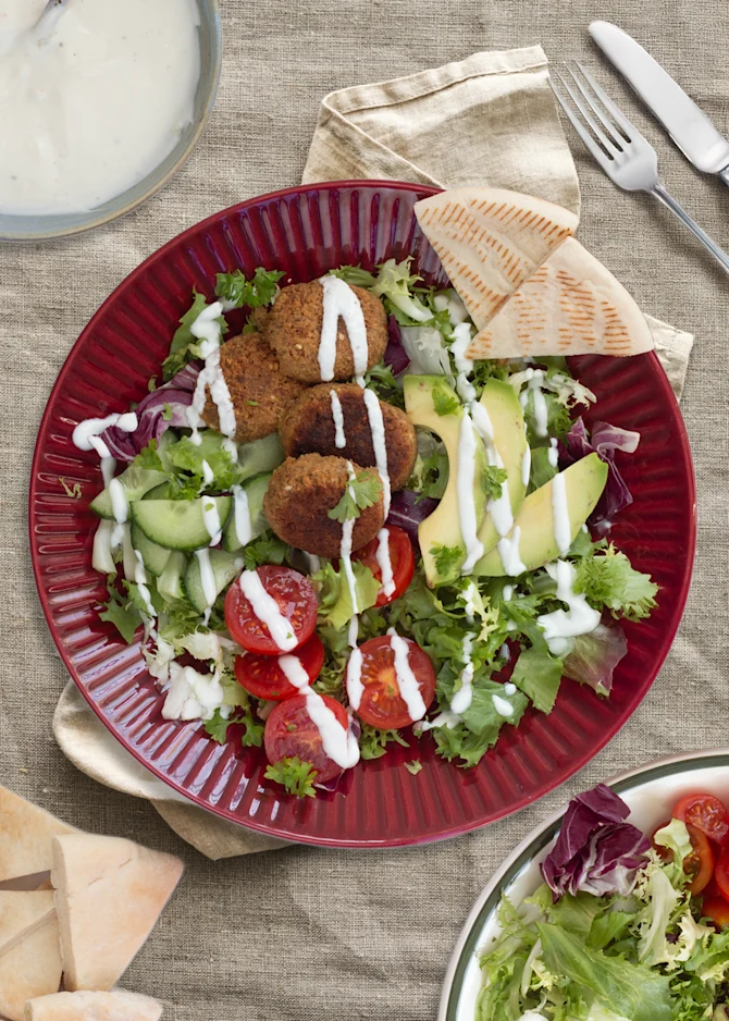 Falafel-bowl med lune pitabrød