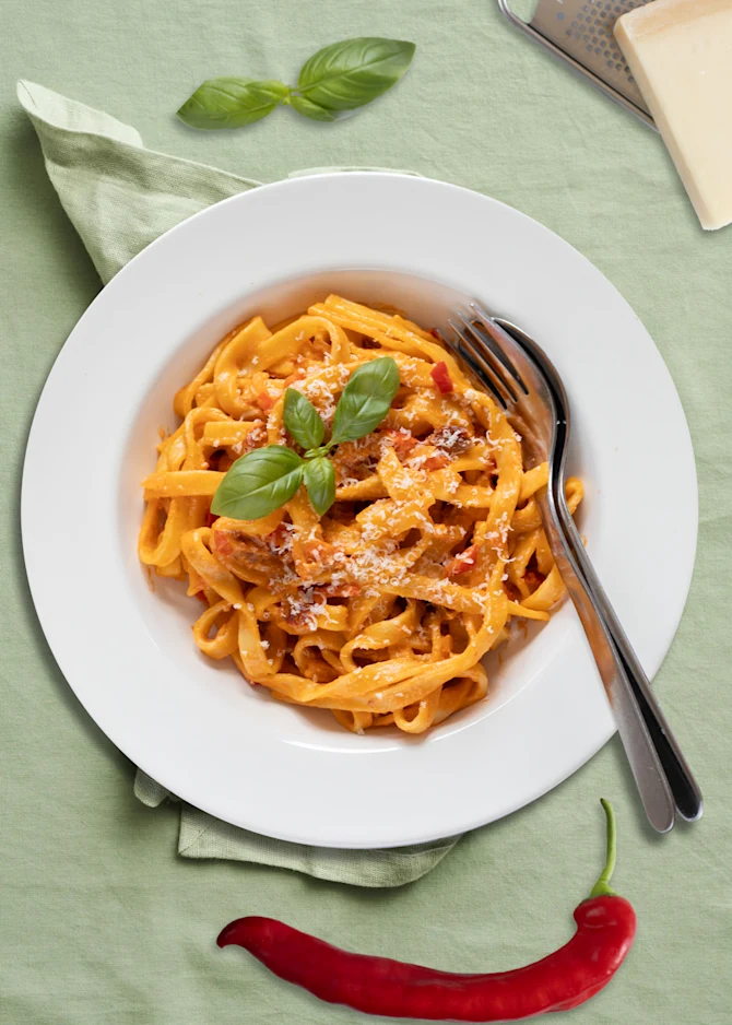 Frisk pasta i cremet peberfrugtsauce med soltørrede tomater