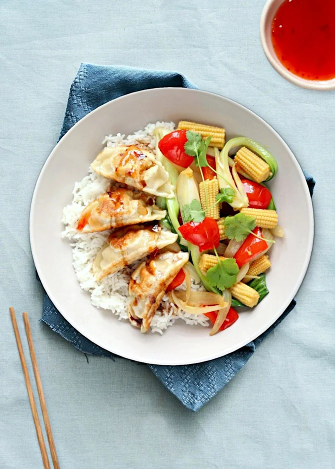Bowl med ris, gyoza og lynstegte grøntsager