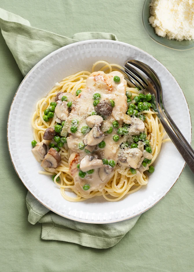 Kylling i cremet champignonsauce med pasta