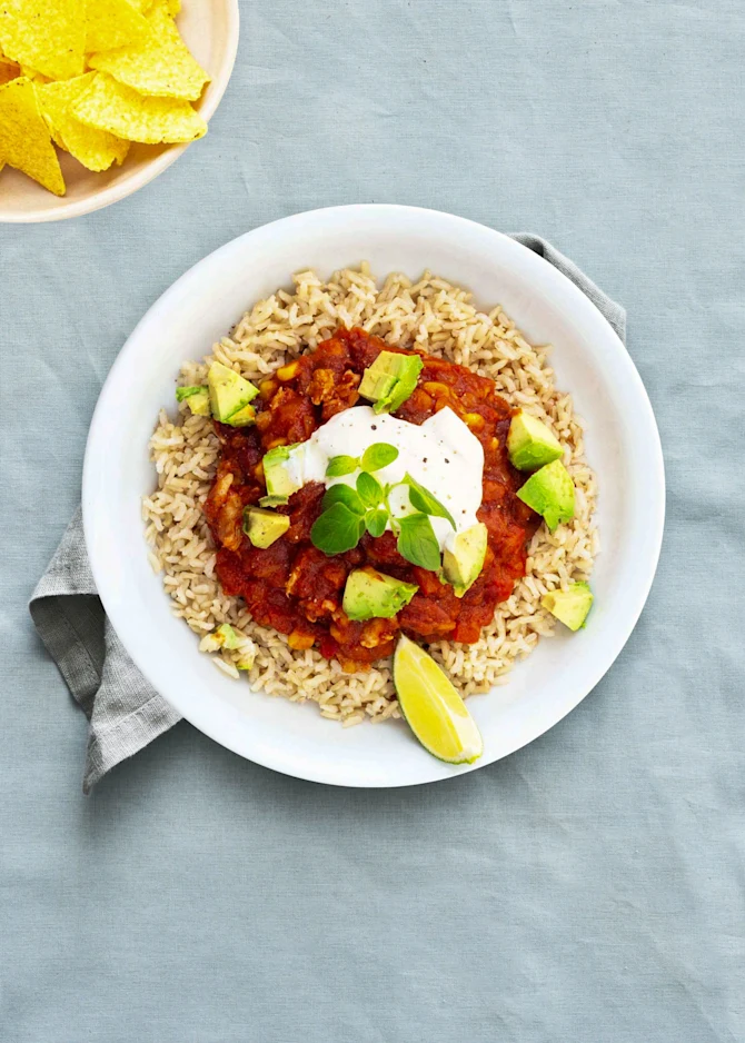 Mexi-gryde med kylling, avocado, tortillas og ris - til to dage