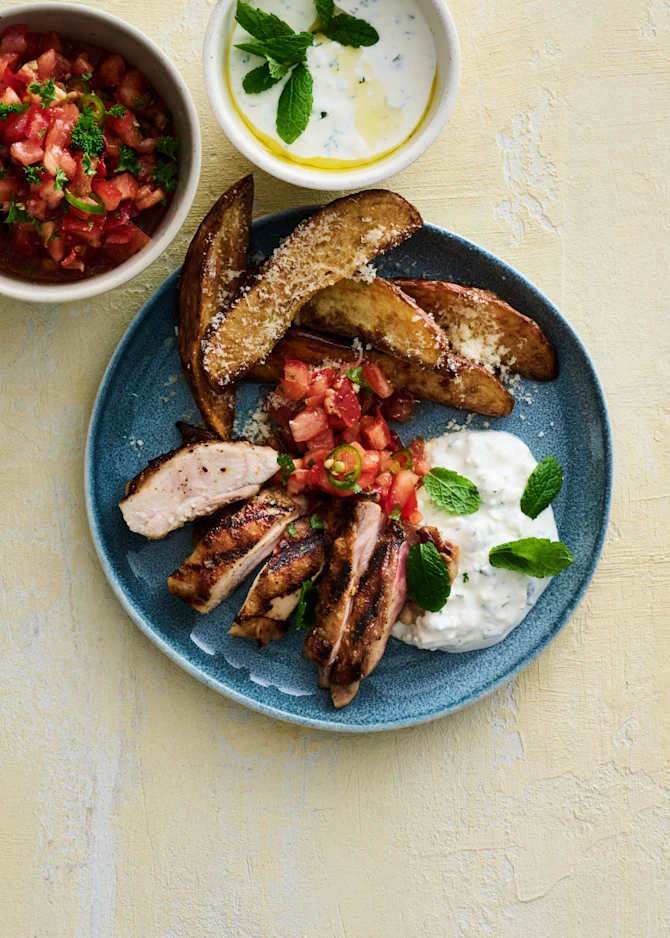 Grillstegte kyllingelårsteaks med kartofler, tomat salsa og mynte creme