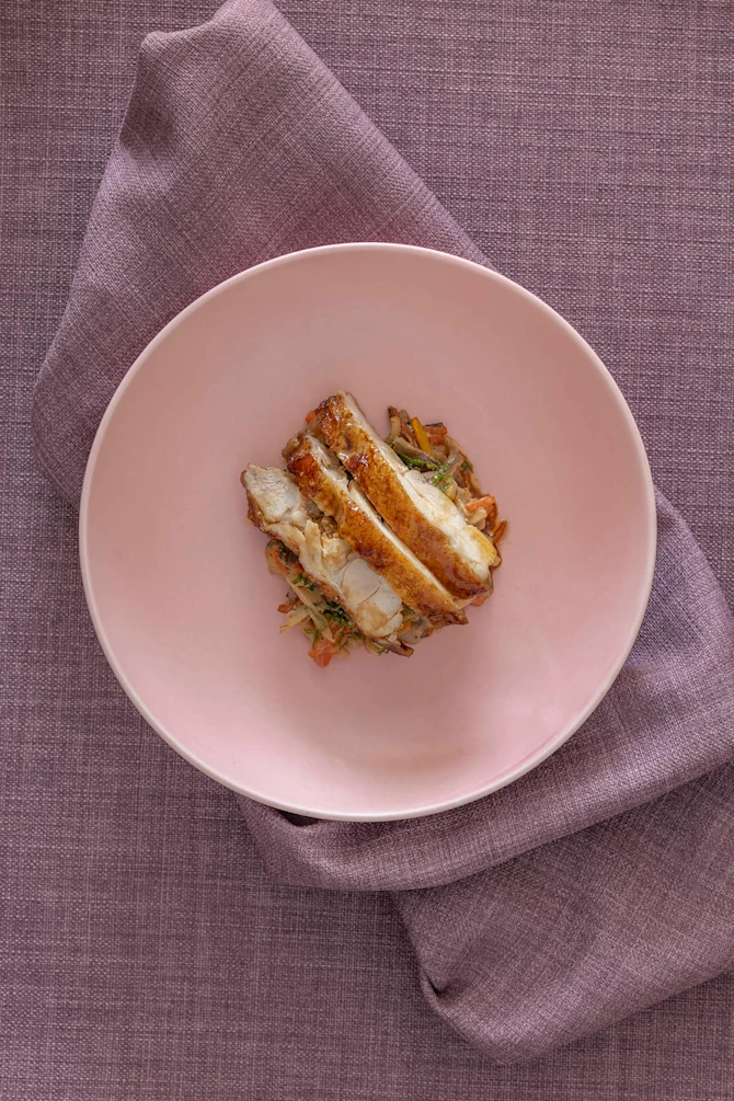 Lårsteak med teriyaki og grøntsagsbund